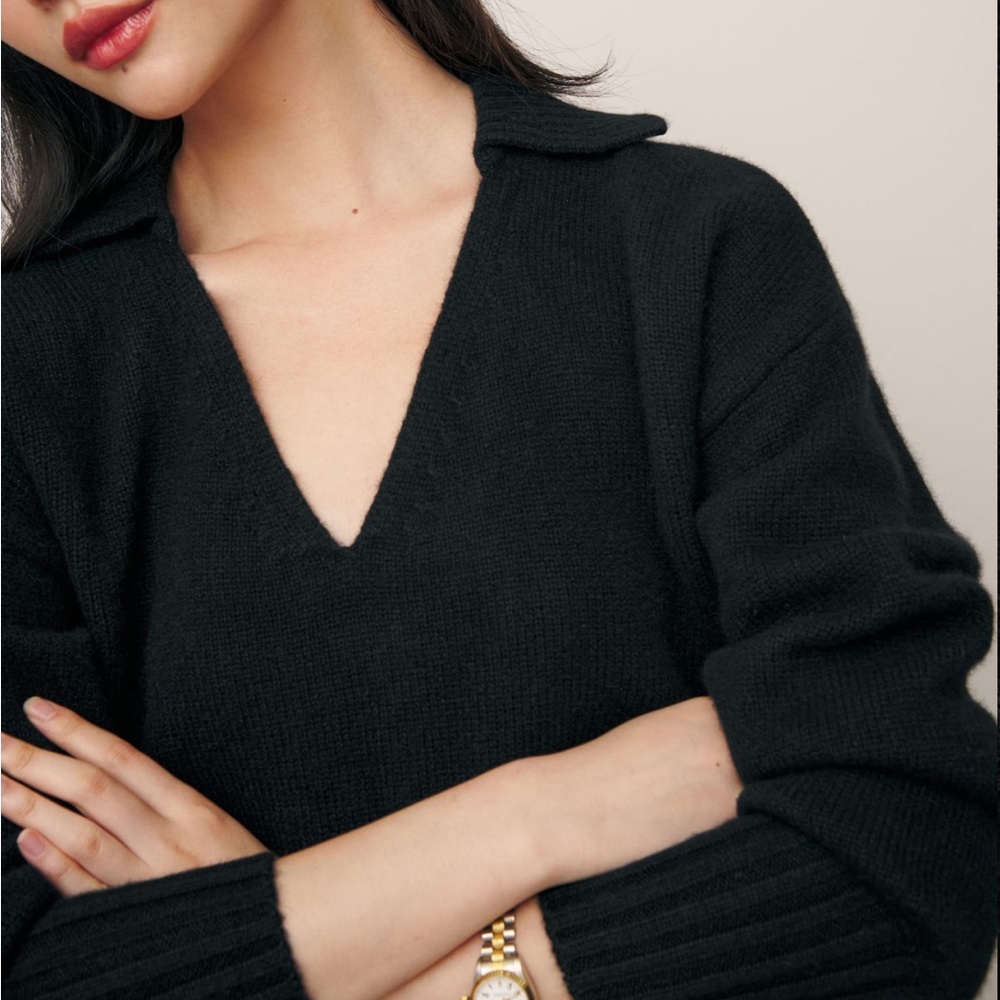 Reformation black Beckie cashmere collared v-neck sweater - Picture 3 of 9